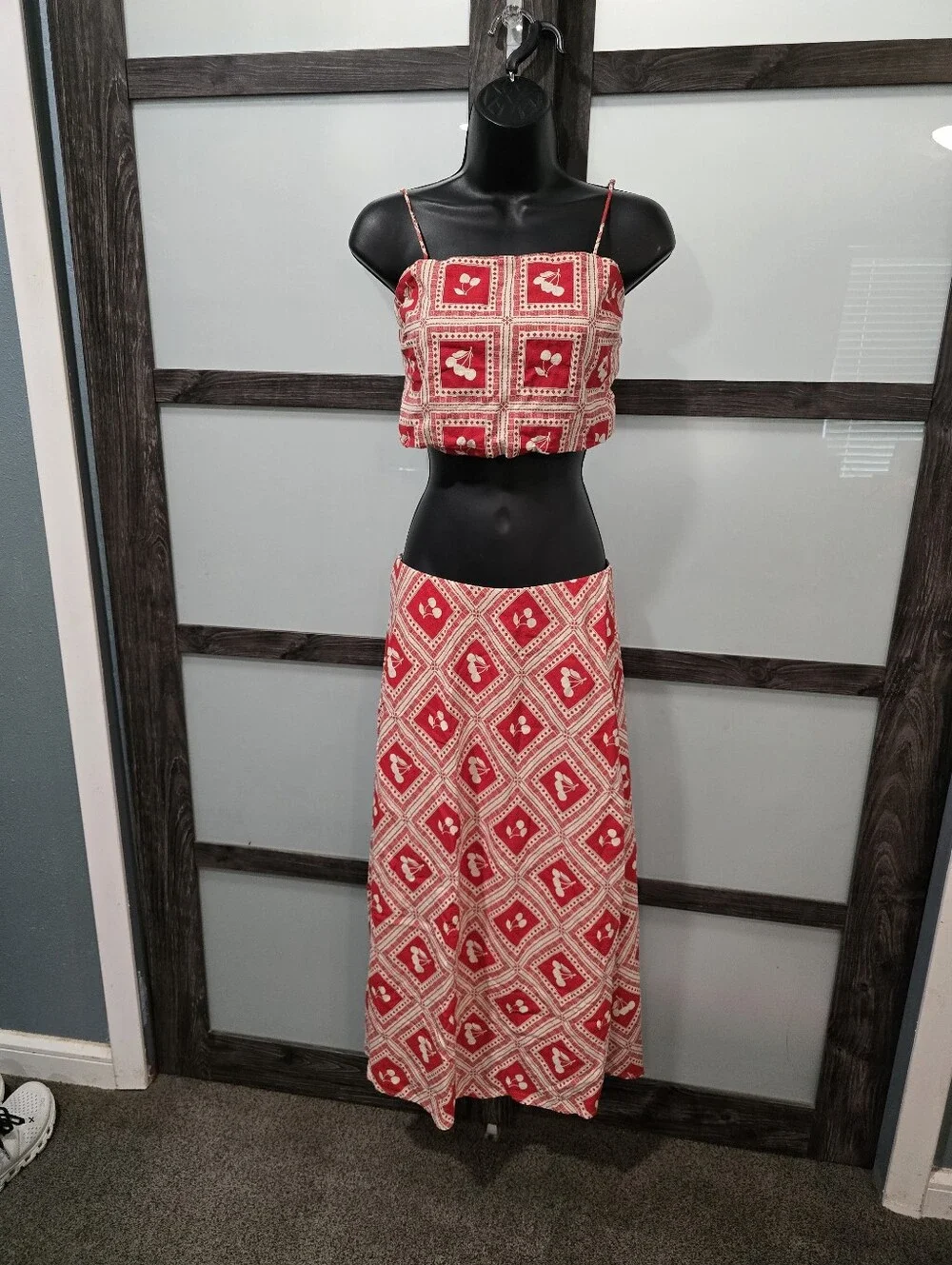 Abercrombie & Fitch Red Cherry Print Maxi Skirt & Top Linen Set Sz XXS